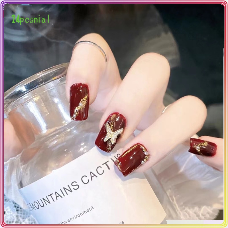 Móng Tay Giả Ngắn Màu Đỏ Hình Bướm Trang Trí Năm Mới B560