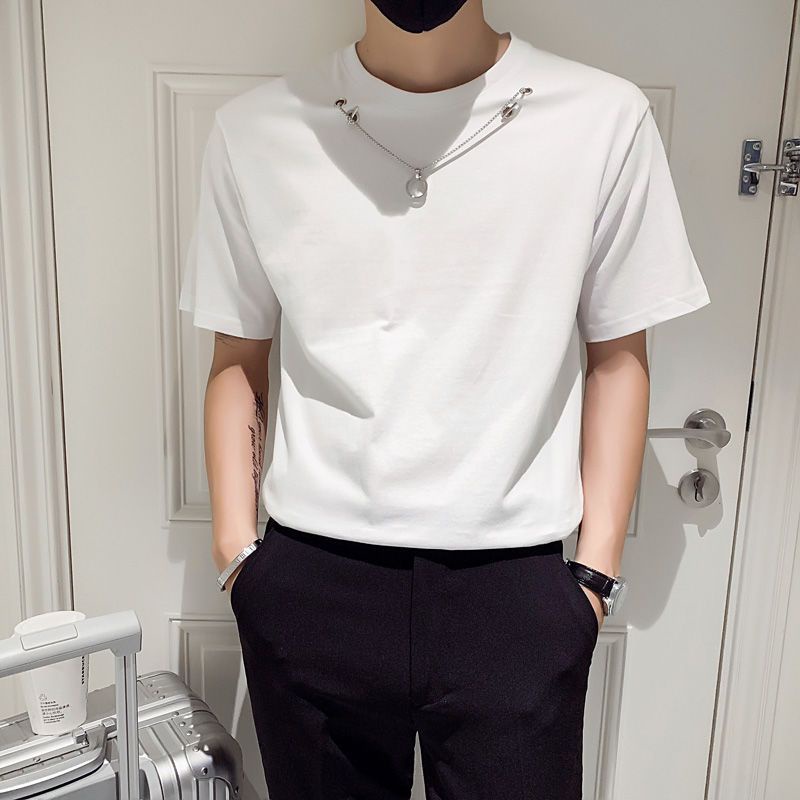 Áo Thun Tay Ngắn Màu Trơn Dáng Ôm Phối Dây Xích Thời Trang Mùa Hè Cho Nam