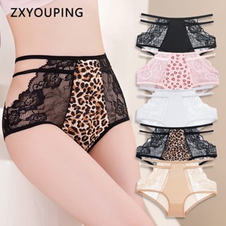Quần Lót 2 Dây Lưng Cao Bằng Lụa Lạnh Phối Ren Thoải Mái Họa Tiết Da Báo Quyến Rũ Cho Nữ Plus Size M-XXL