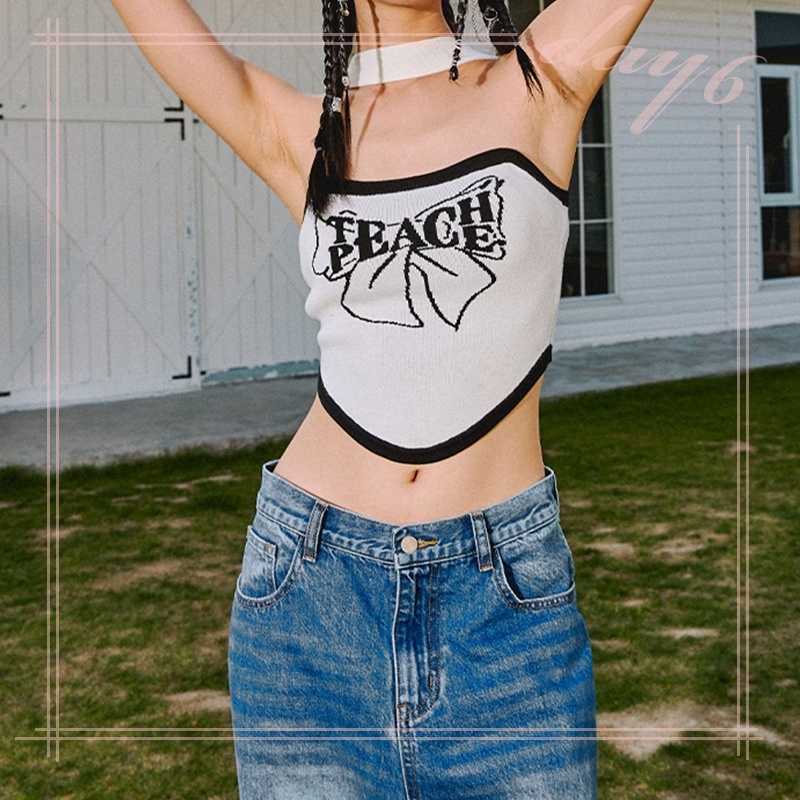 Áo Croptop In Chữ Thắt Nơ Phong Cách Retro Mỹ Cho Nữ