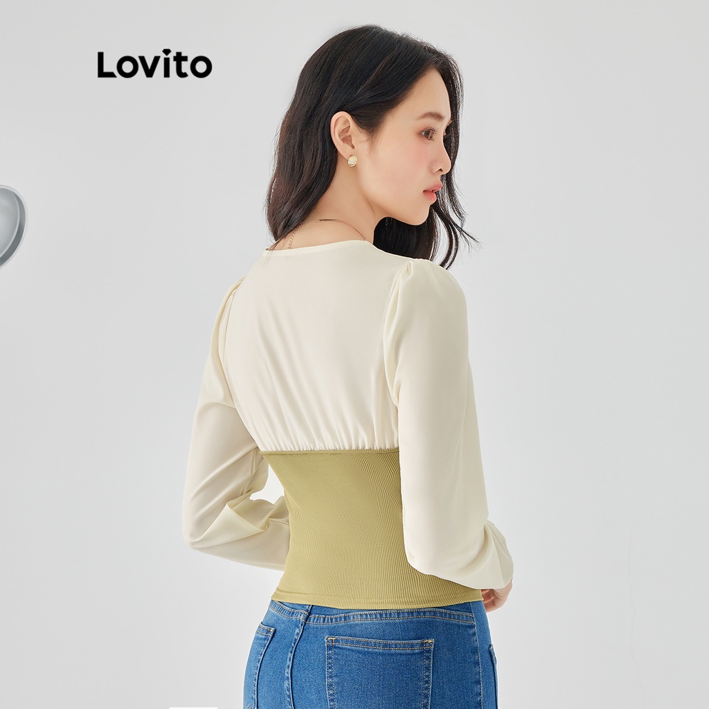 Áo Lovito tay dài cổ vuông phối lưới tương phản màu trơn cơ bản cho nữ LNE02226 (màu xanh lá)