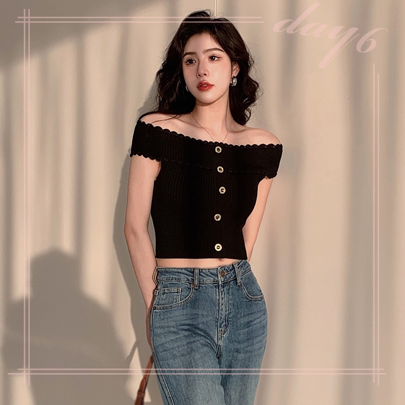 Áo Dệt Kim Tay Ngắn Trễ Vai Phối Ren Màu Trơn Thời Trang Cho Nữ