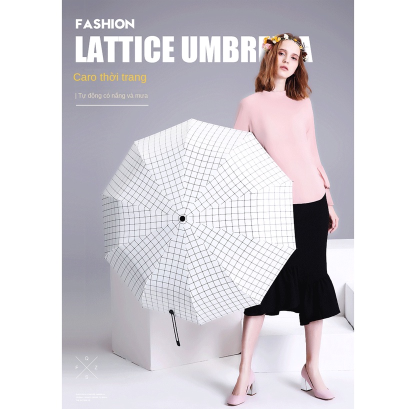 Dù Gấp Tự Động Chống Mưa Nắng Họa Tiết Sọc Caro Trắng Đen Đơn Giản