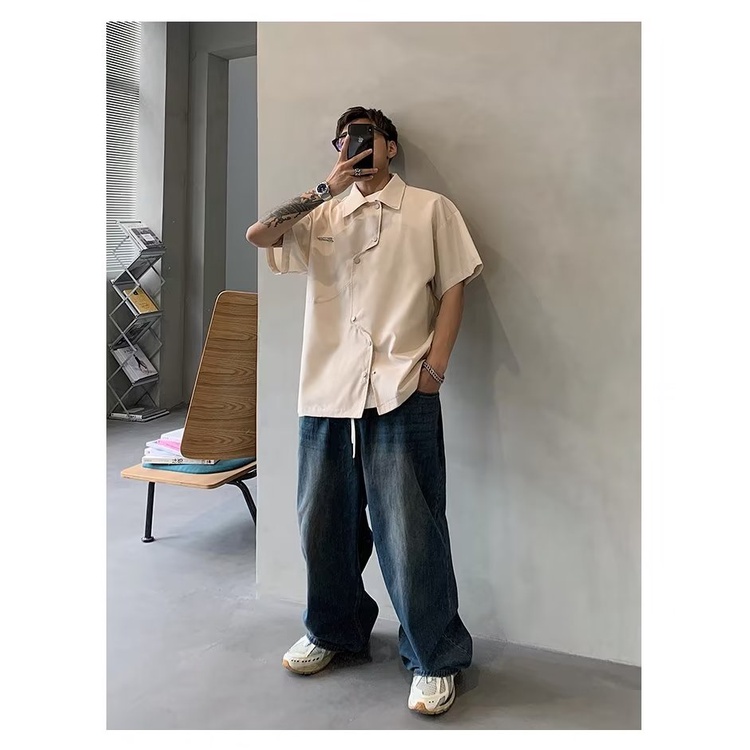 Áo Sơ Mi Nam Ngắn Tay Dáng Rộng Thiết Kế Bất Đối Xứng Phong Cách Mới 2023