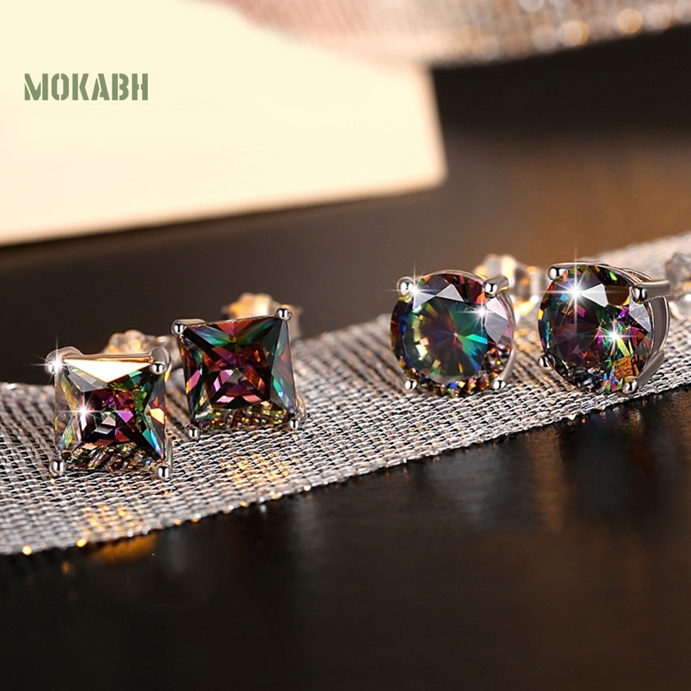 Bông Tai Đính Đá Nhiều Màu Hình Tròn / Vuông Phong Cách Cổ Điển Thời Trang Cho Nam Và Nữ