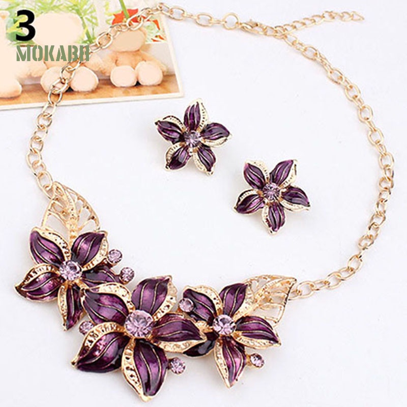 Bộ Vòng cổ + Bông Tai Đính Đá Hình Hoa Thời Trang Cho Nữ