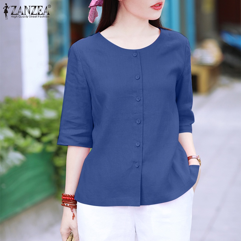 ZANZEA Áo Thun Nữ Tay Lửng Cổ Tròn Thời Trang Hàn Quốc