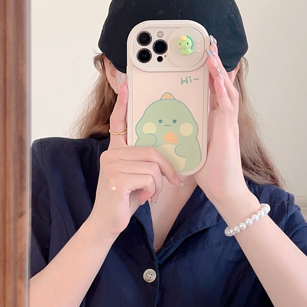 Ốp Điện Thoại Silicon TPU Mềm Hình Khủng Long Hoạt Hình 3D Có Nắp Trượt Bảo Vệ Camera Cho iPhone 13 12 11 Pro Max 14 Plus