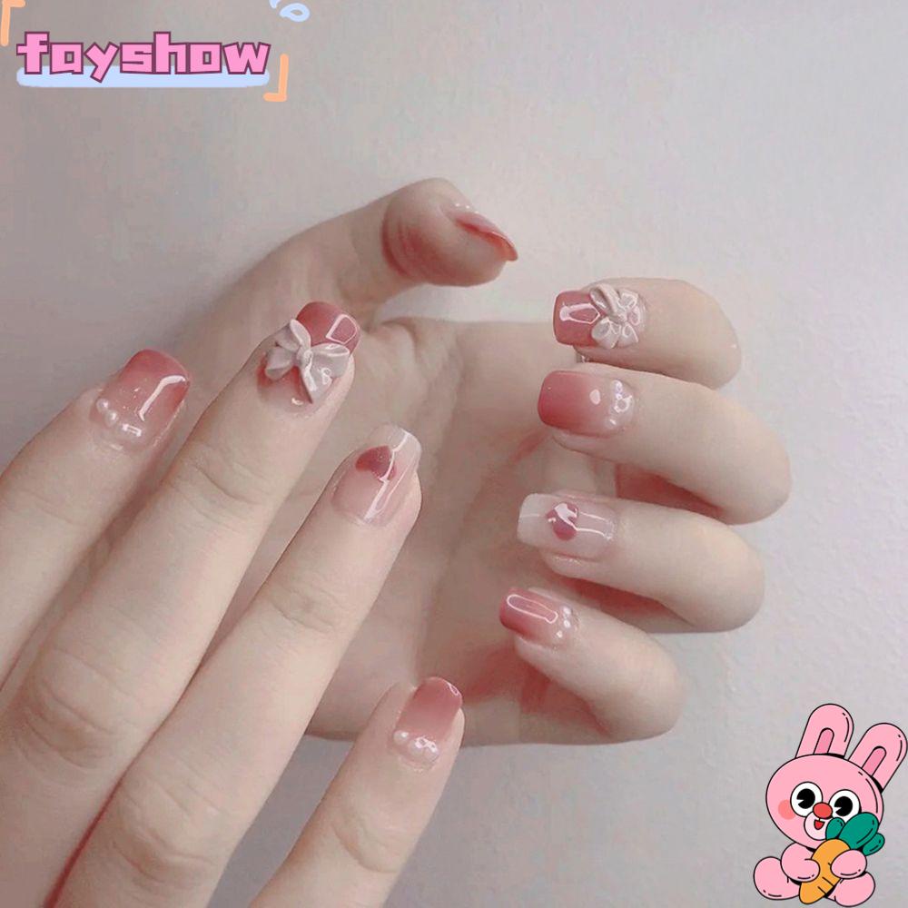 Hộp 24 Móng Tay Giả Đính Nơ Xinh Xắn|Nút Nhấn Nhân Tạo Che Phủ Toàn Diện