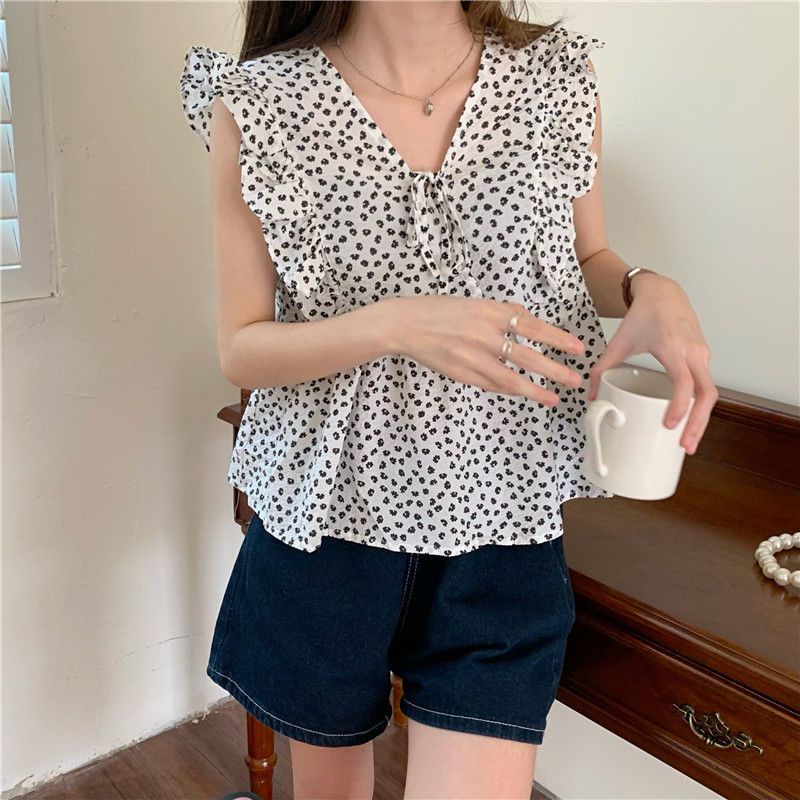 COZOK Áo Sơ Mi Không Tay Cổ Chữ V In Hoa Phong Cách Hàn Quốc