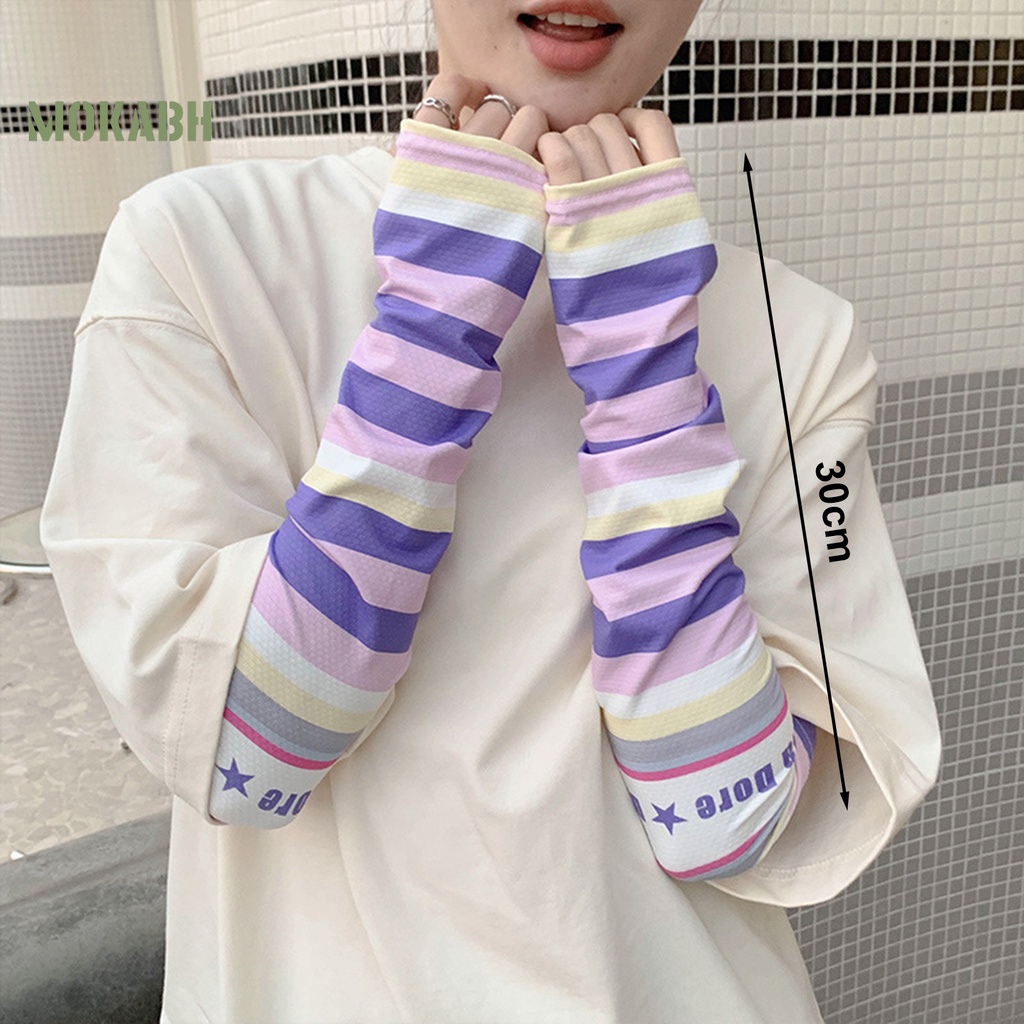 1 Cặp Găng Tay Chống Nắng Bằng Lụa Lạnh Độ Co Giãn Cao Họa Tiết Kẻ Sọc