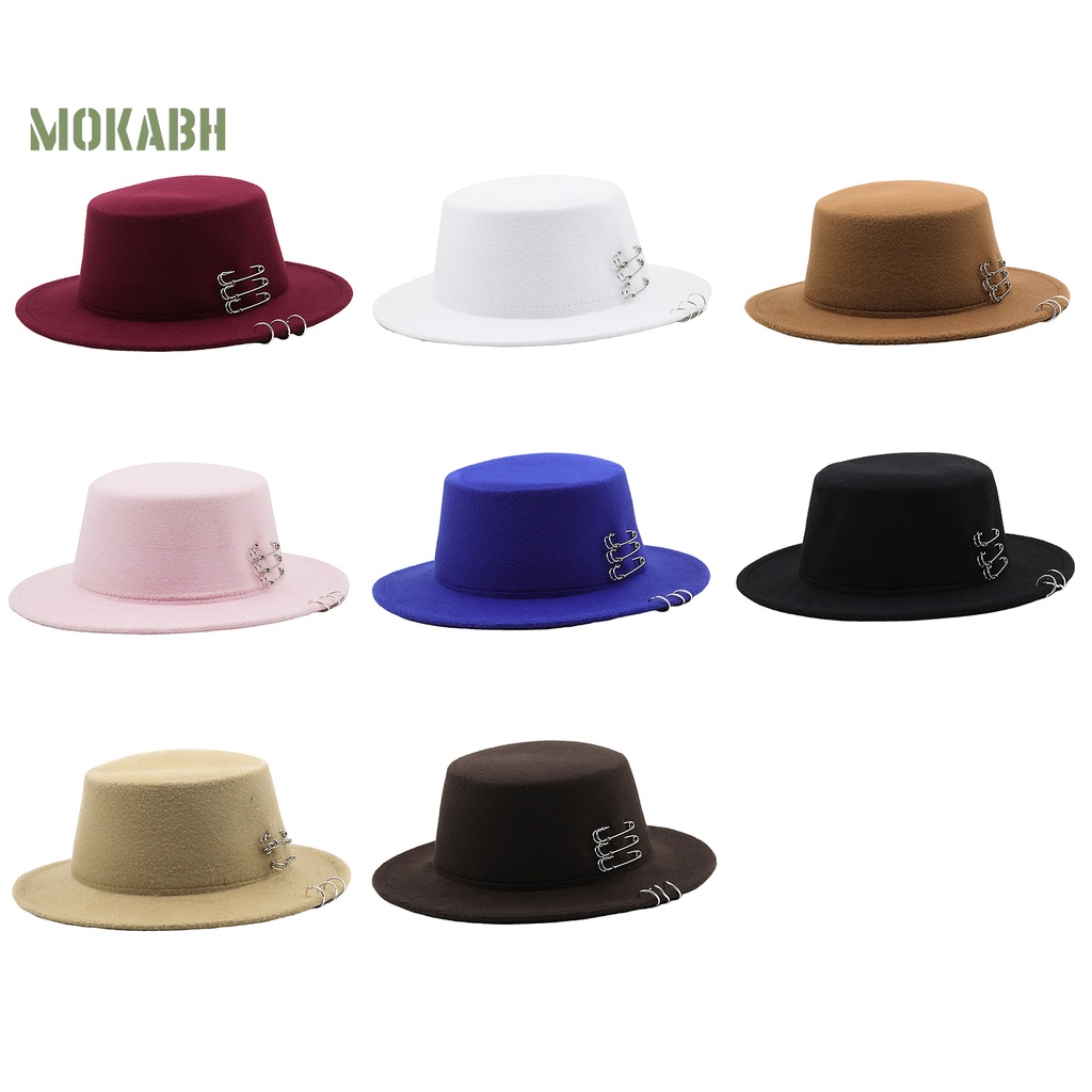 [Mok Abh] Mũ Fedora Len Chống Nắng Vành Phẳng Màu Trơn Cổ Điển Trang Trí Cho Nam Và Nữ
