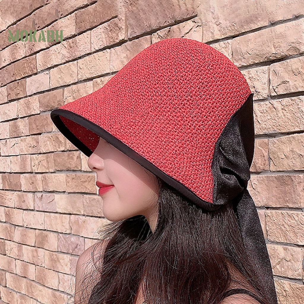 Nón Rộng Vành Chống Tia UV Bằng Polyester Thiết Kế Thắt Nơ Màu Sắc Trơn Thoáng Khí Dành Cho Nữ
