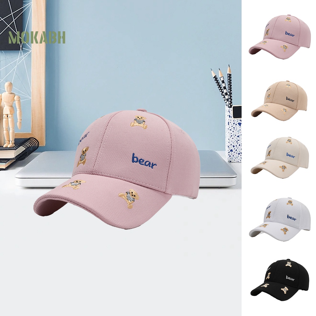 [Mok Abh] Mũ Lưỡi Trai Thêu Hình Chú Gấu Hoạt Hình Vành Dài Thoải Mái Chống Nắng Kiểu Đường Phố Hàn Quốc Cho Nam Và Nữ