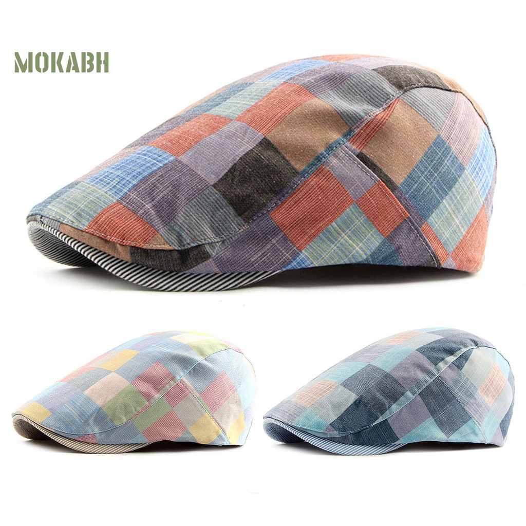 [Mok Abh] Mũ Lưỡi Trai Họa Tiết Kẻ Sọc Màu Tương Phản Phong Cách Vintage Cho Nam Mặc Hàng Ngày