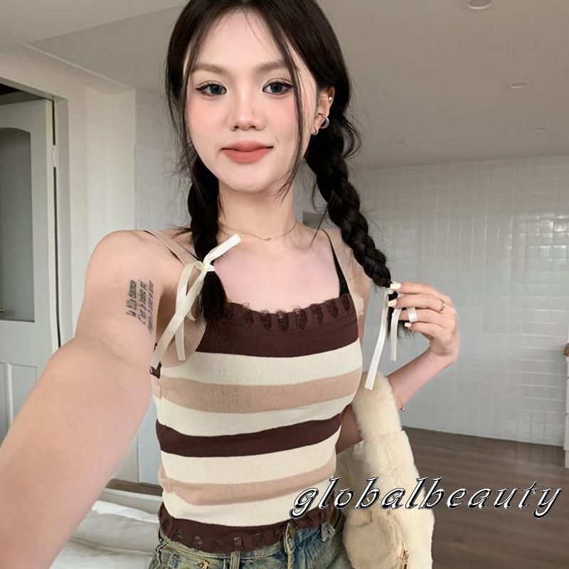 Áo Croptop Sát Nách Họa Tiết Kẻ Sọc Bằng Lụa Lạnh Ôm Dáng Thời Trang Mùa Hè Cho Nữ