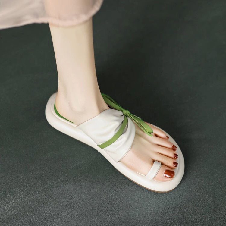 Duoya Tóc Thẳng ~ [Hàng Có Sẵn] Dép Xỏ Ngón Đế Phẳng Dày Đính Nơ Thời Trang Đi Biển Mùa Hè Cho Nữ Miễn Phí Vận Chuyển