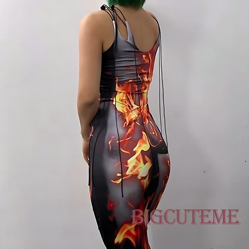 [] Đầm Dài Dáng Ôm Không Tay In Họa Tiết Ngọn Lửa Thời Trang Mùa Hè Ôm Dáng Cho Nữ