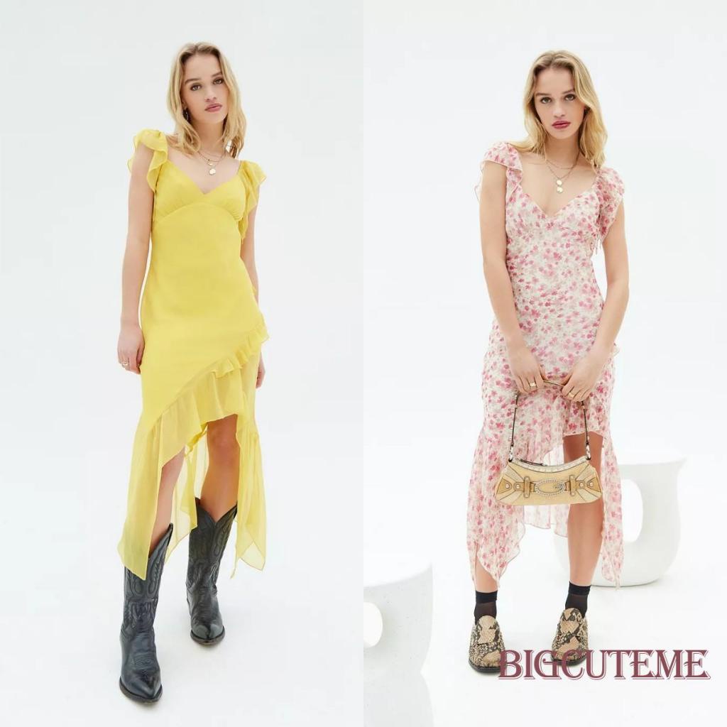 Đầm Midi Tay Ngắn Cổ Chữ V Màu Sắc Trơn In Họa Tiết Hoa Xinh Xắn Thời Trang Mùa Hè Cho Nữ