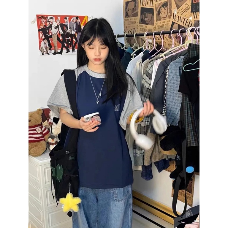 Áo Thun Raglan Không Xơ Vải Phong Cách Retro Mỹ Mùa Xuân Hè Mới Dễ Phối Đồ