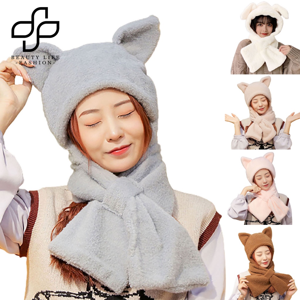Nón Bông Hai Trong Một Gọn Nhẹ Phối Khăn Choàng Tai Thỏ Dễ Thương