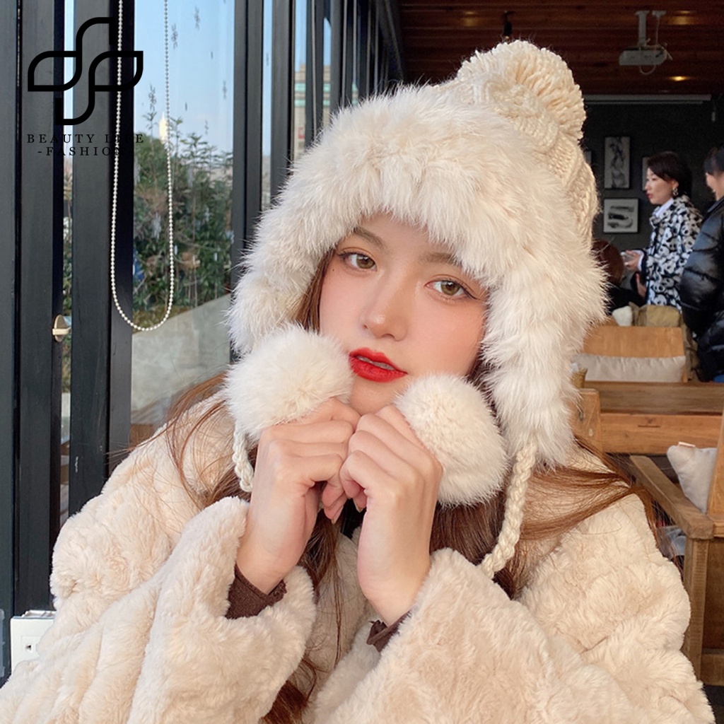 Mũ Beanie Dệt Kim Dày Dặn Màu Trơn Bảo Vệ Tai Thời Trang Thu Đông Dành Cho Nữ