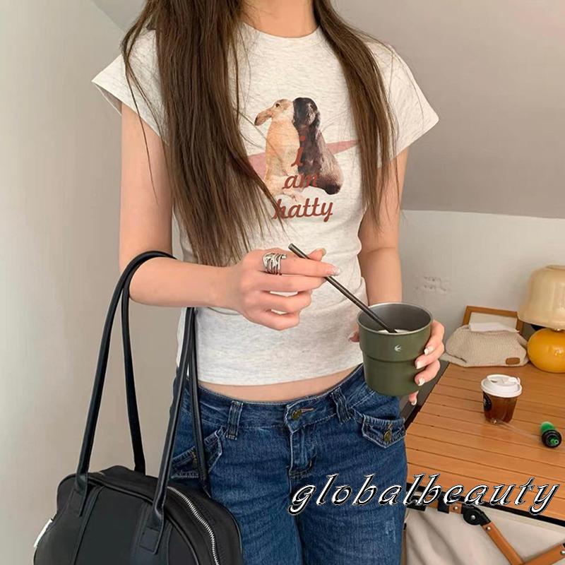 Áo Thun Crop Top Tay Ngắn In Hình Thỏ Dễ Thương Thời Trang Mùa Hè Cho Nữ