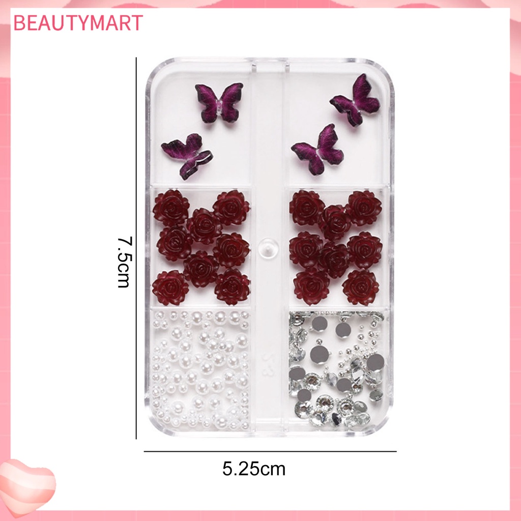 1 Hộp Phụ Kiện Trang Trí Móng Tay Hình Hoa Hồng Và Bướm 3D Bằng Nhựa Resin DIY