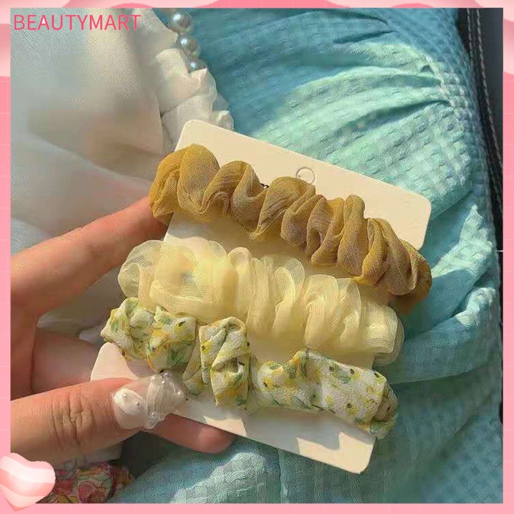 Set 3 Dây Cột Tóc Cao Su Bọc Vải Chiffon Co Giãn In Họa Tiết Hoa Tươi Mới