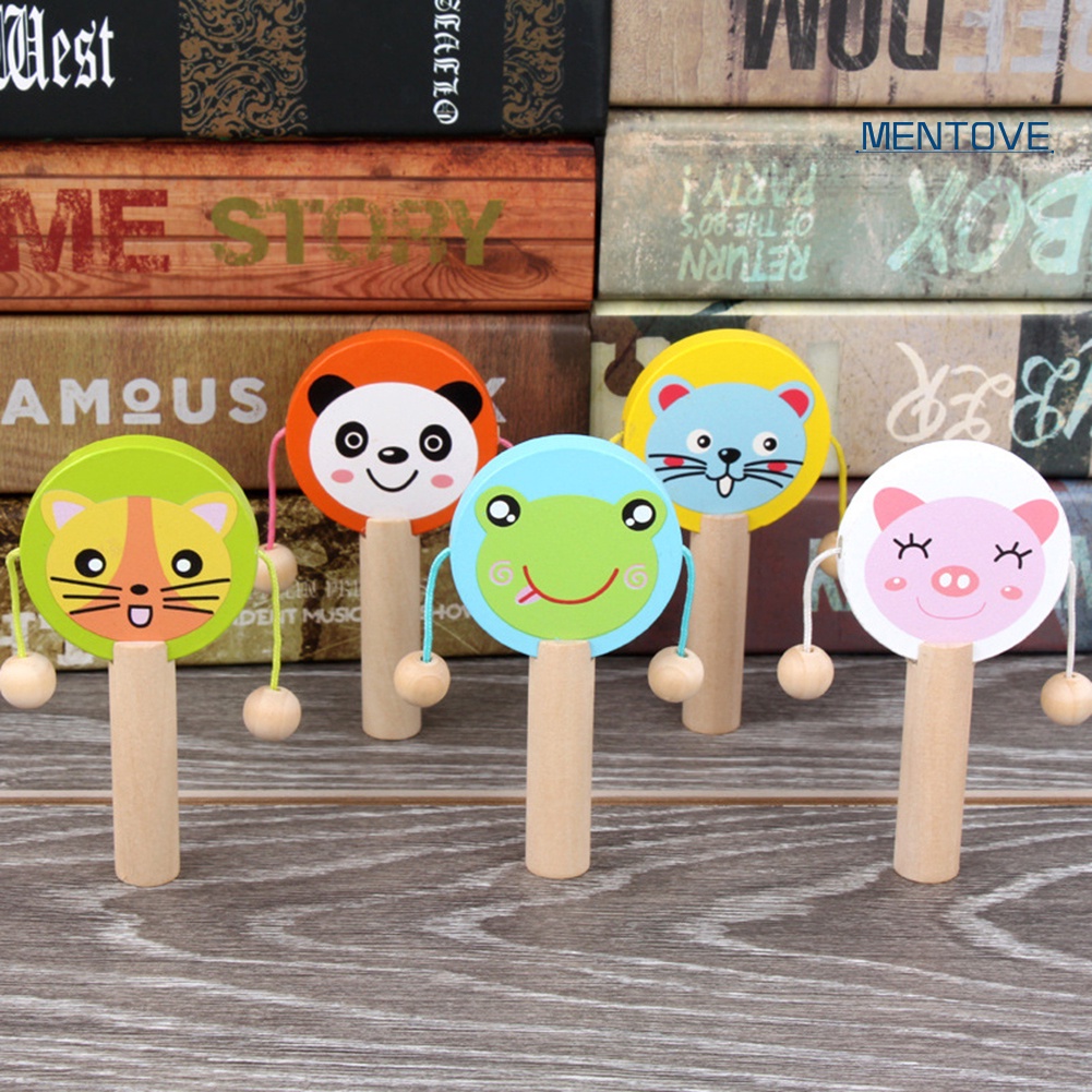 Trống Lục Lạc Cầm Tay Bằng Gỗ Hình Động Vật Hoạt Hình Cho Bé