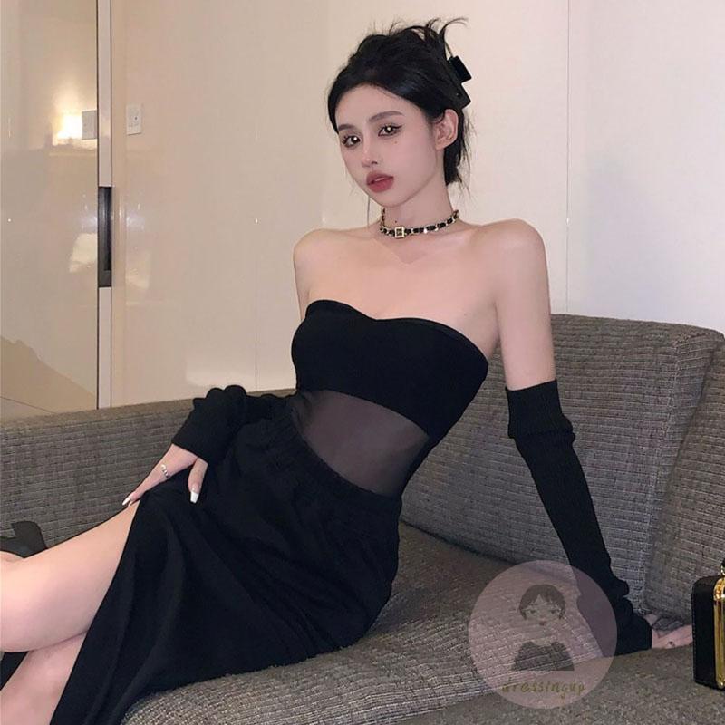 Áo Ống Hở Lưng Dạng Lưới Màu Trơn Kèm Vòng Cổ Dành Cho Nữ