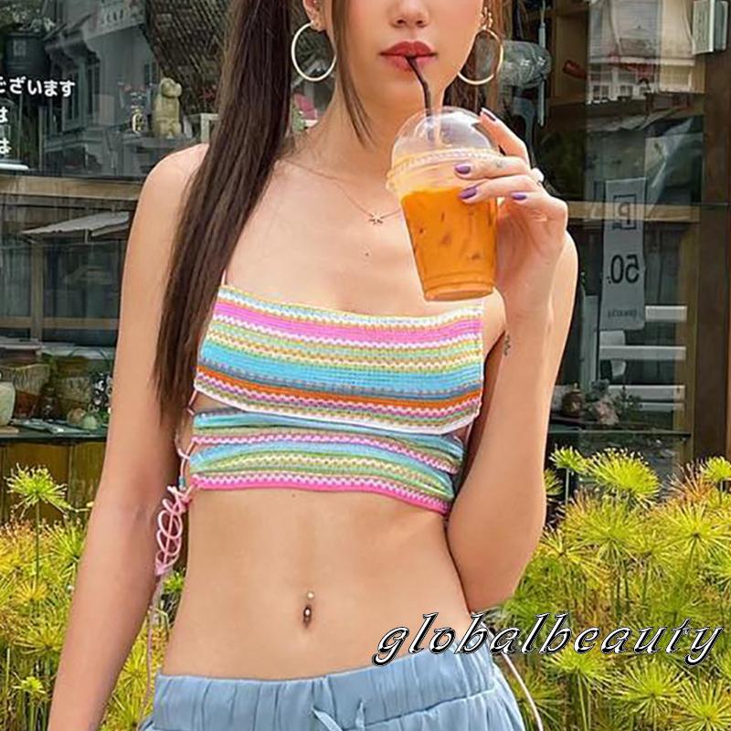 Áo Croptop Hai Dây Hở Lưng Họa Tiết Kẻ Sọc Nhiều Màu Sắc Thời Trang Mùa Hè Cho Nữ