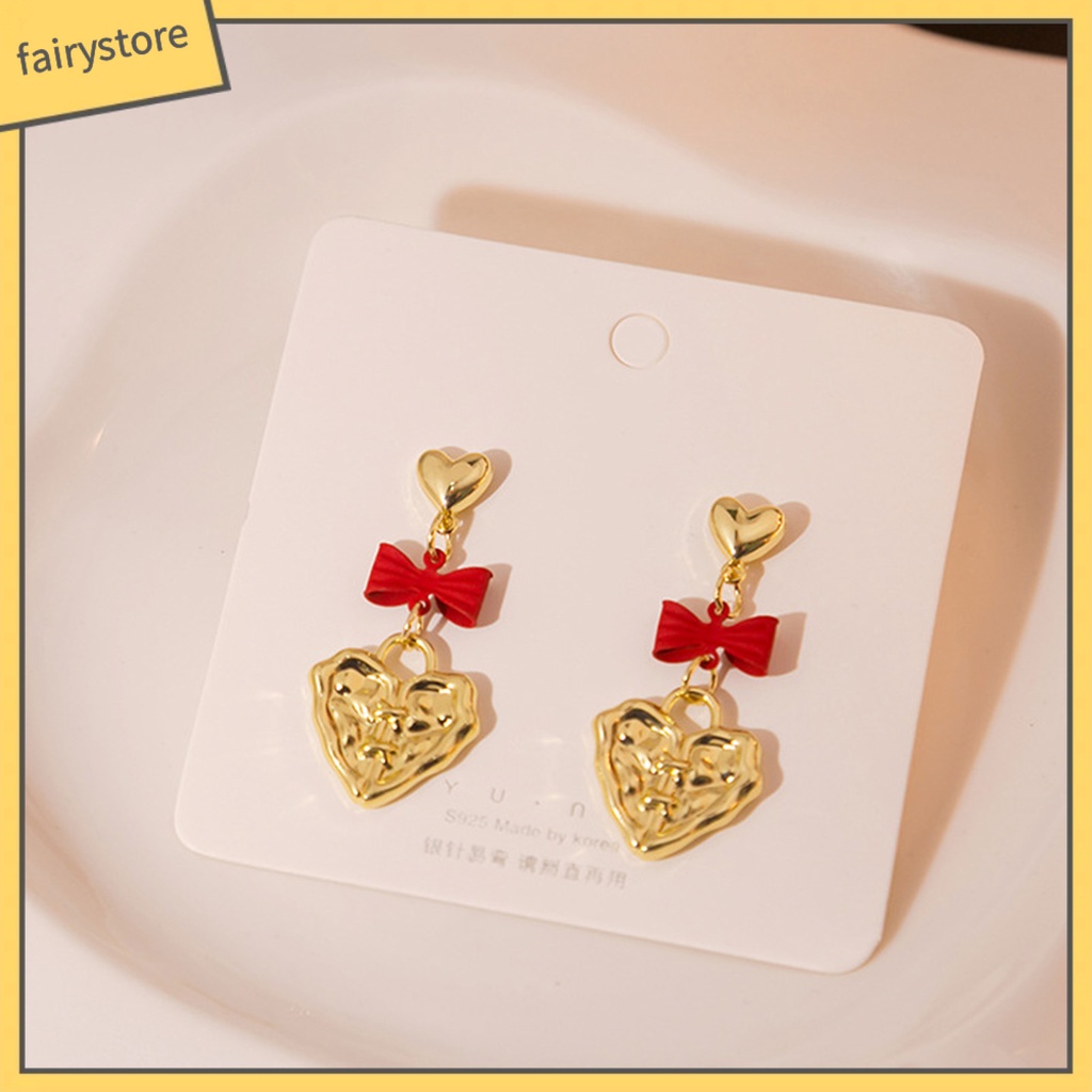 1 Đôi Bông Tai Hình Trái Tim / Nơ Dập Nổi Phong Cách Hàn Quốc Cổ Điển