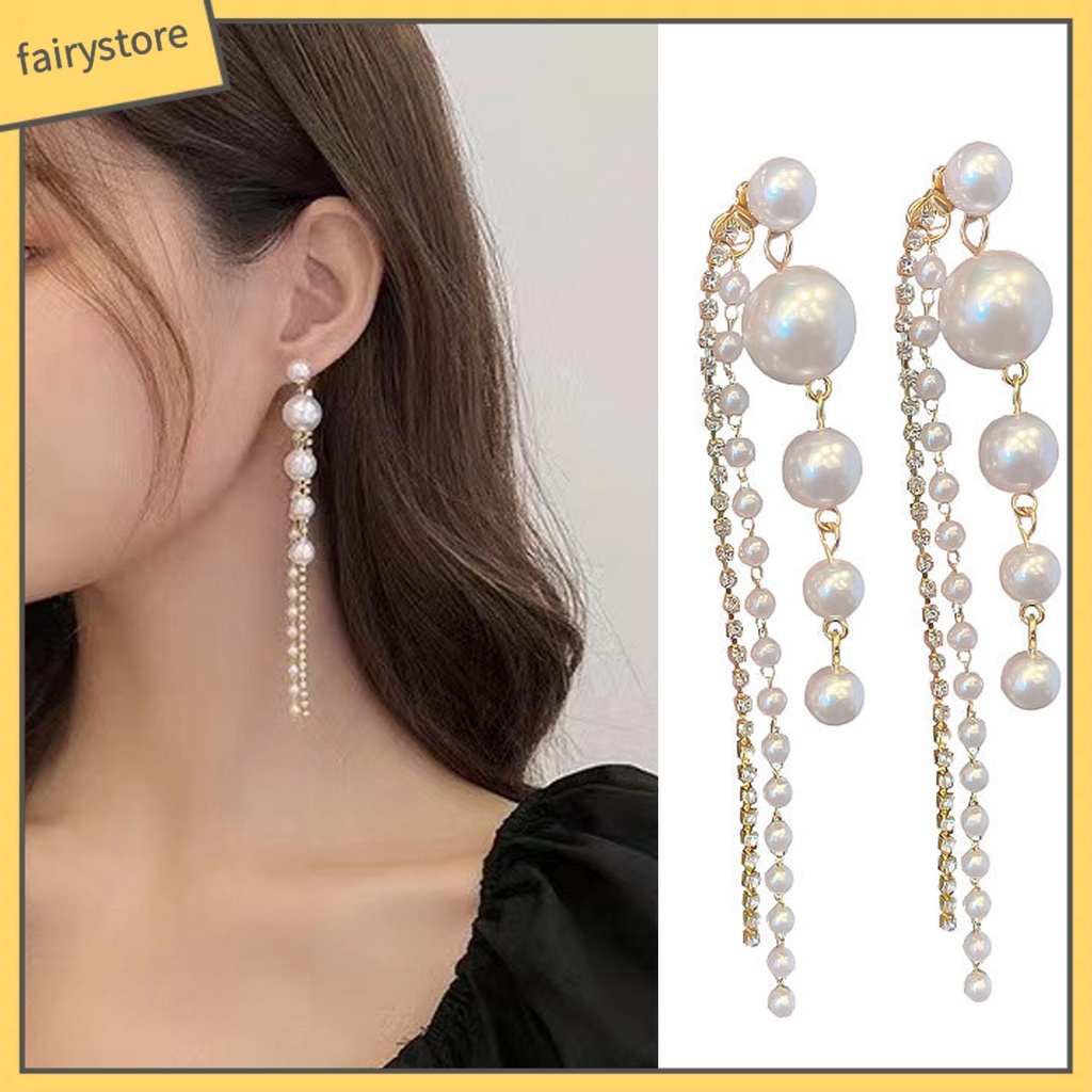 1 Đôi Bông Tai Dáng Dài Đính Ngọc Trai Nhân Tạo Phối Tua Rua Thời Trang