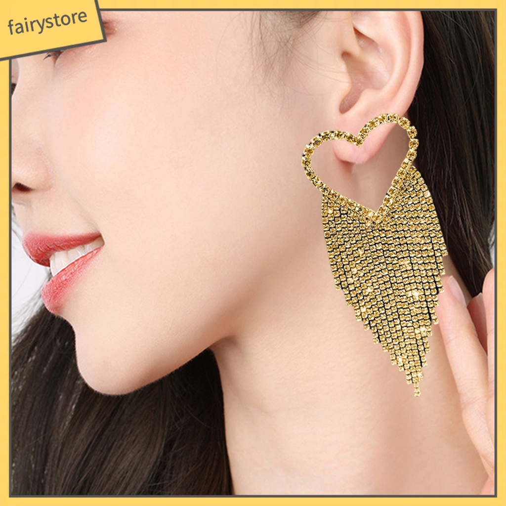 [FRO] 1 Đôi Bông Tai Thả Dài Hình Trái Tim Đính Kim Cương Giả Lấp Lánh Chống Dị Ứng Phong Cách Hàn Quốc