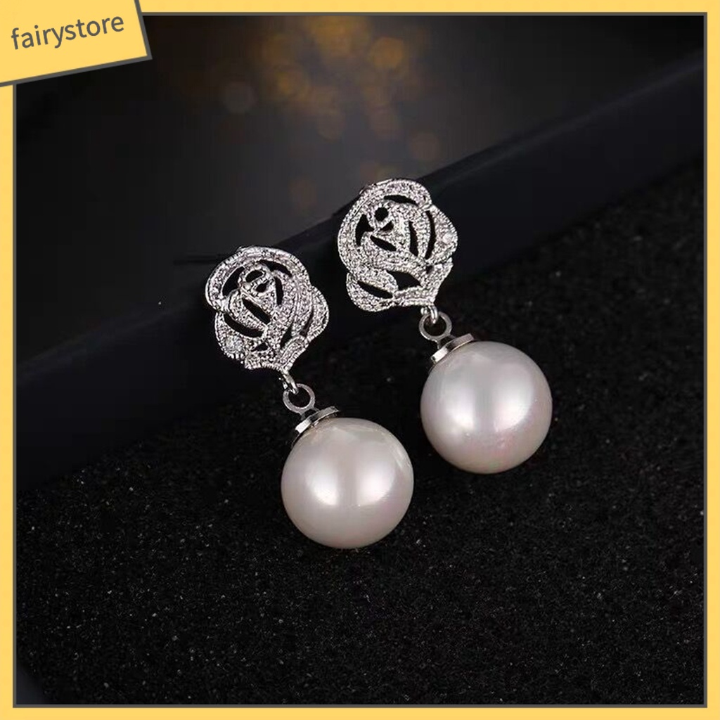 [FRO] Bông Tai Xỏ Lỗ Tròn Đính Hoa Hồng Ngọc Trai Giả Bằng Hợp Kim Thoải Mái Mặc Hàng Ngày Cho Nữ