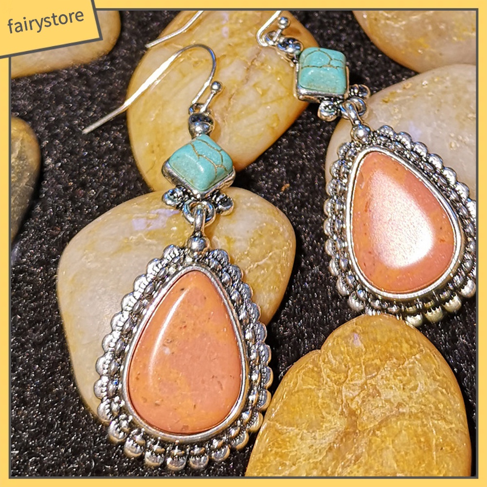 Bông Tai Đính Đá Ngọc Lam Giả Hình Giọt Nước Phong Cách Vintage Dành Cho Nữ