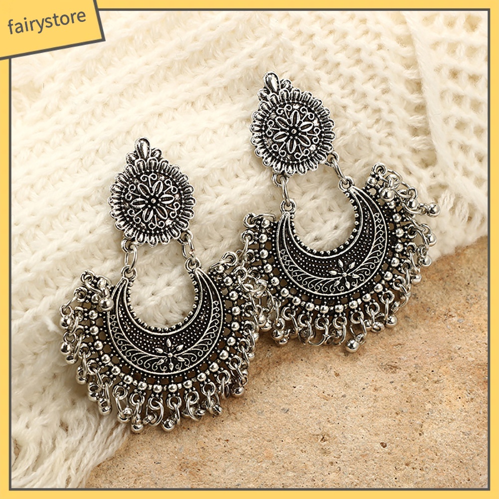 Bông Tai Hình Bán Nguyệt Phối Tua Rua Phong Cách Bohemian Thời Trang Cho Nữ