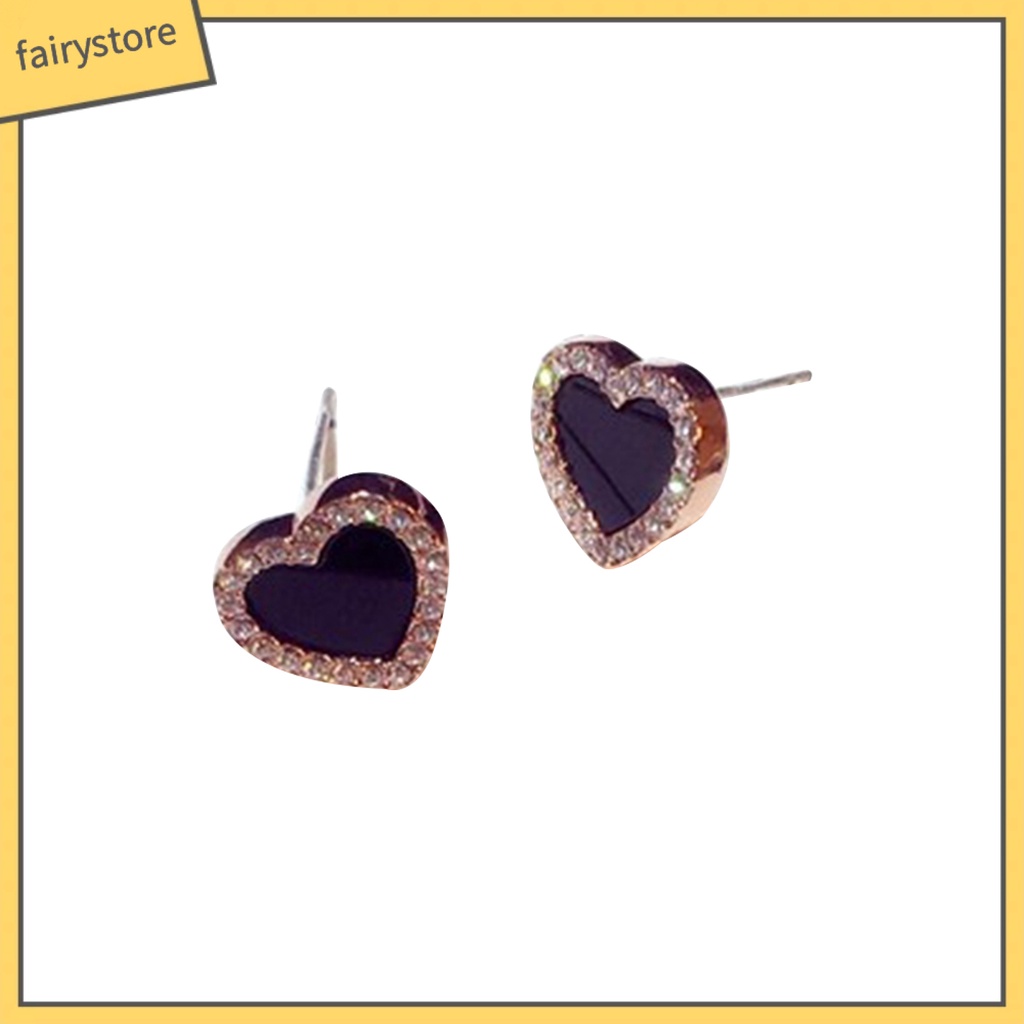 Bông Tai Hình Trái Tim Đính Đá Màu Đen Thời Trang Cho Nữ