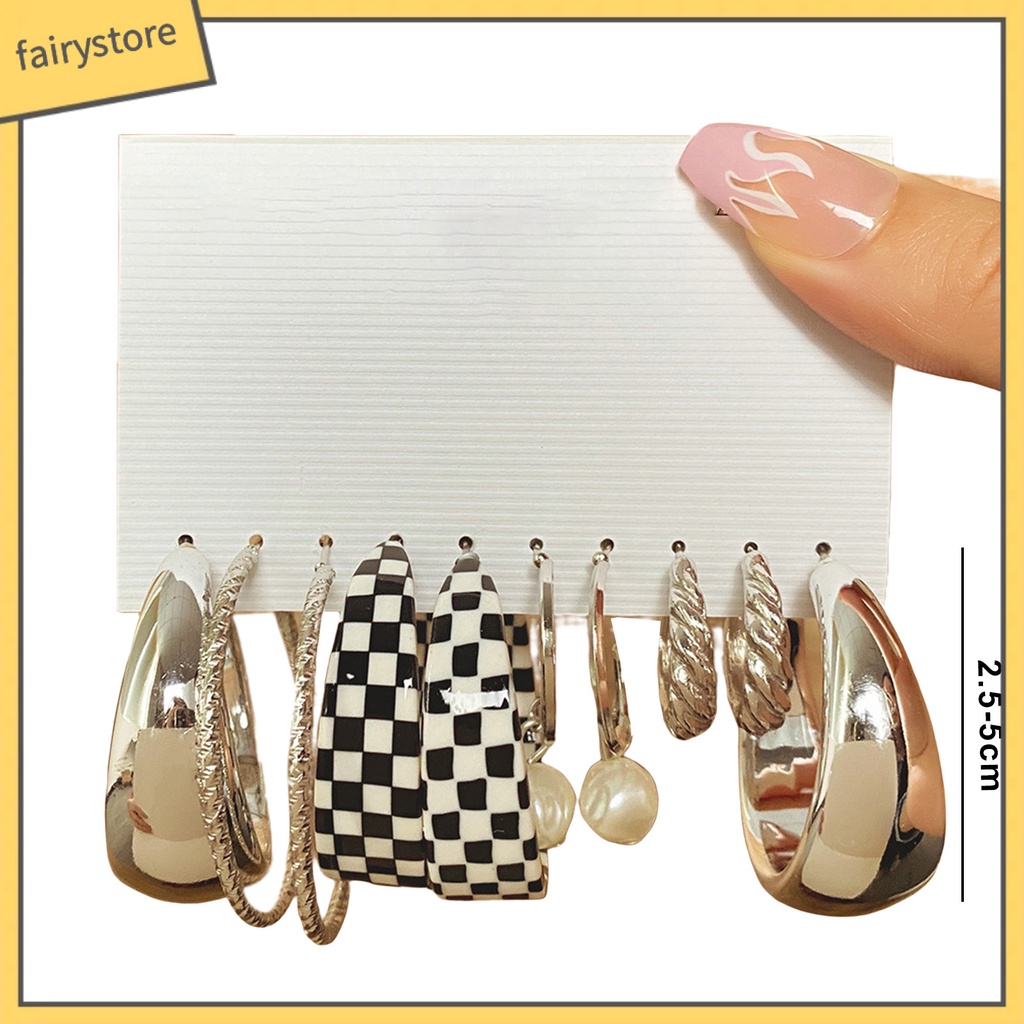 Set 5 Đôi Bông Tai Dạng Vòng Hình Học Họa Tiết Kẻ Ô / Trái Tim / Bướm / Ngọc Trai Giả Màu Trắng Đen Thời Trang Cho