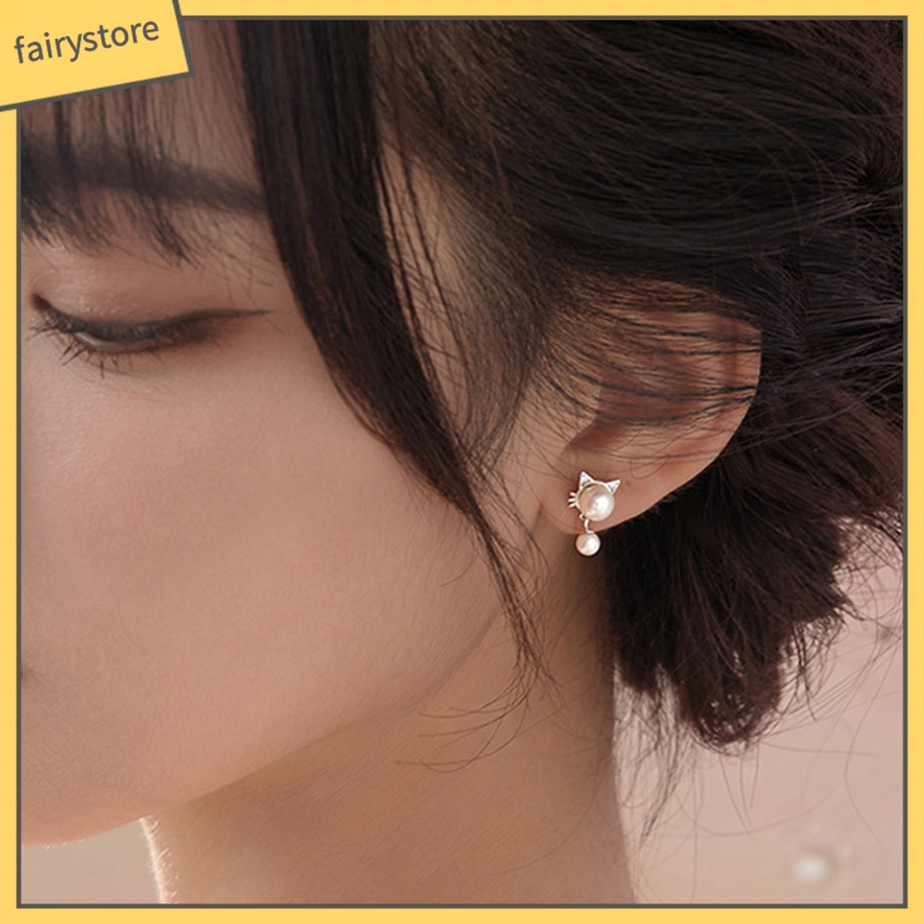 [FRO] 1 Đôi Bông Tai Dạng Treo Hình Mèo Trắng Bắt Mắt Chống Mài Mòn Trang Trí Hạt Charms