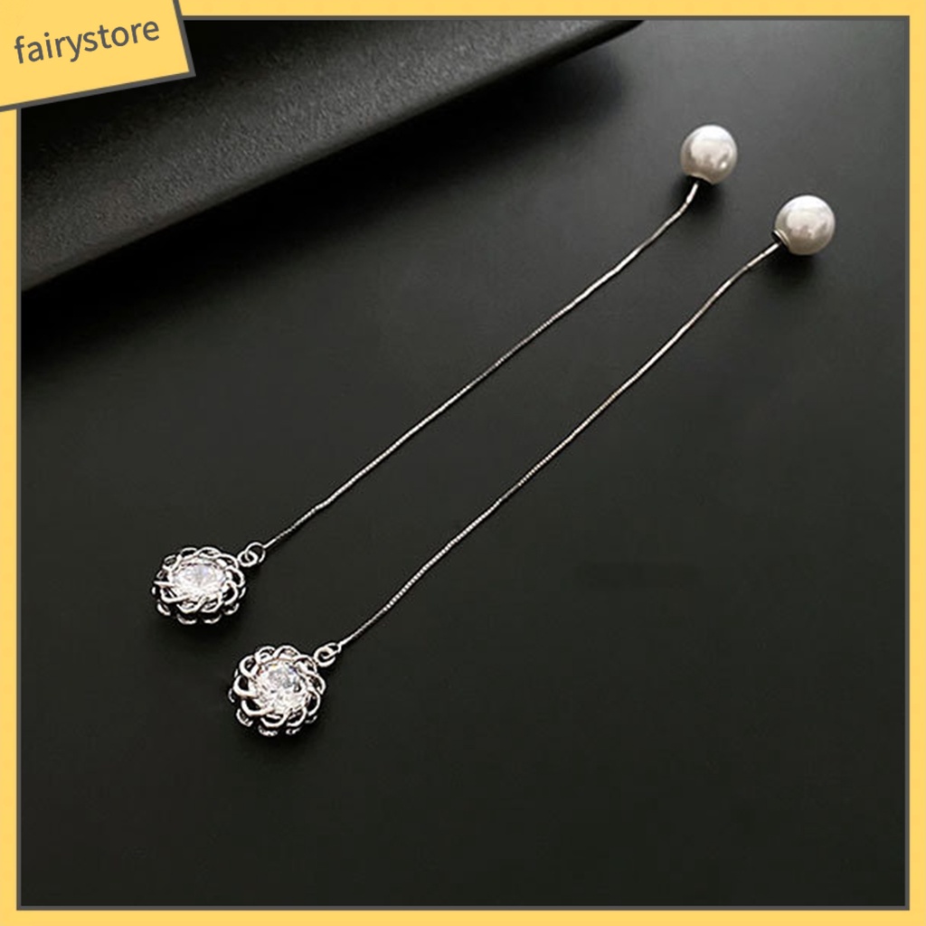 [FRO] Bông Tai Thả Dài Đính Ngọc Trai Giả Lấp Lánh Chống Dị Ứng Dễ Phối Đồ Trang Trí