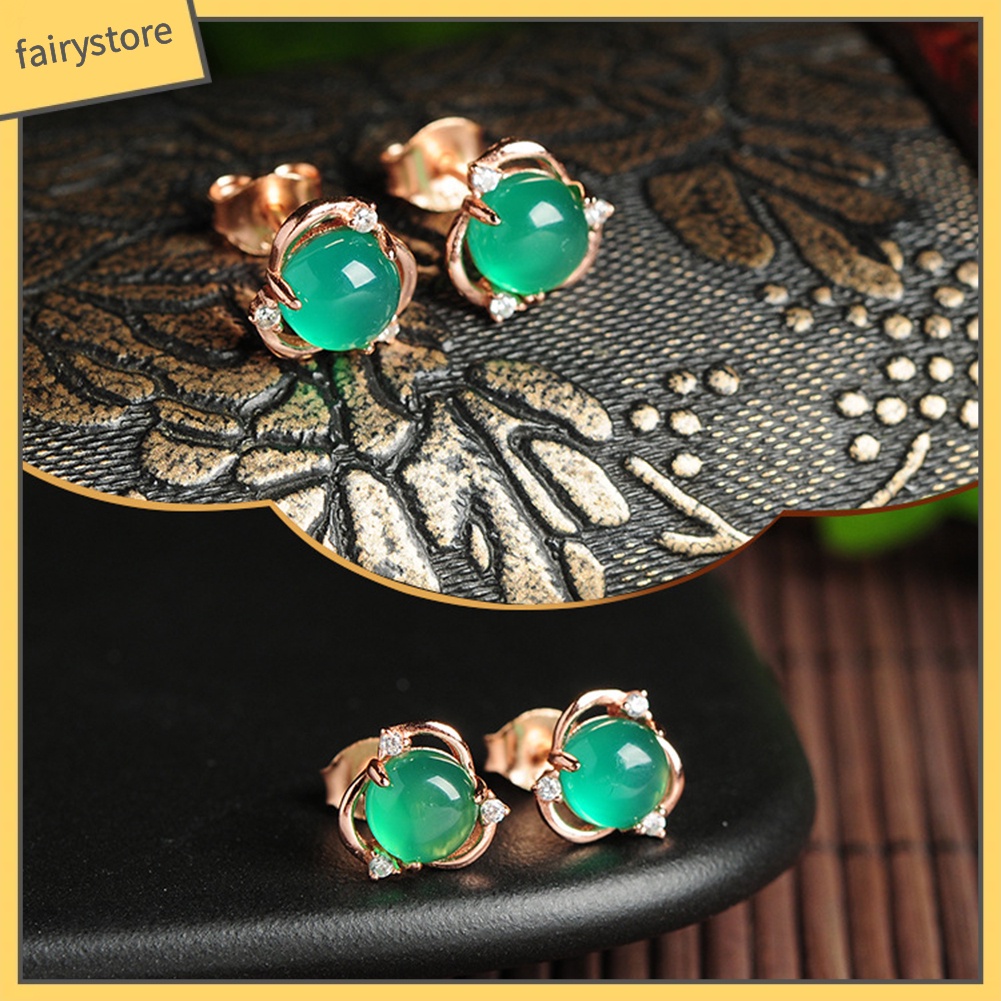 Bông Tai Mạ Bạc Hình Hoa Đính Ngọc Bích Giả Thời Trang Cho Nữ