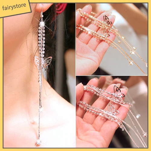 Bông Tai Dài Hình Bướm Rỗng Đính Đá Cho Nữ