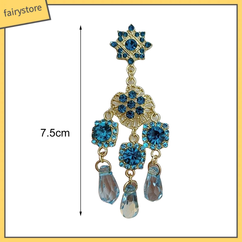 1 Đôi Bông Tai Dáng Dài Đính Pha Lê Xanh Dương Phong Cách Vintage