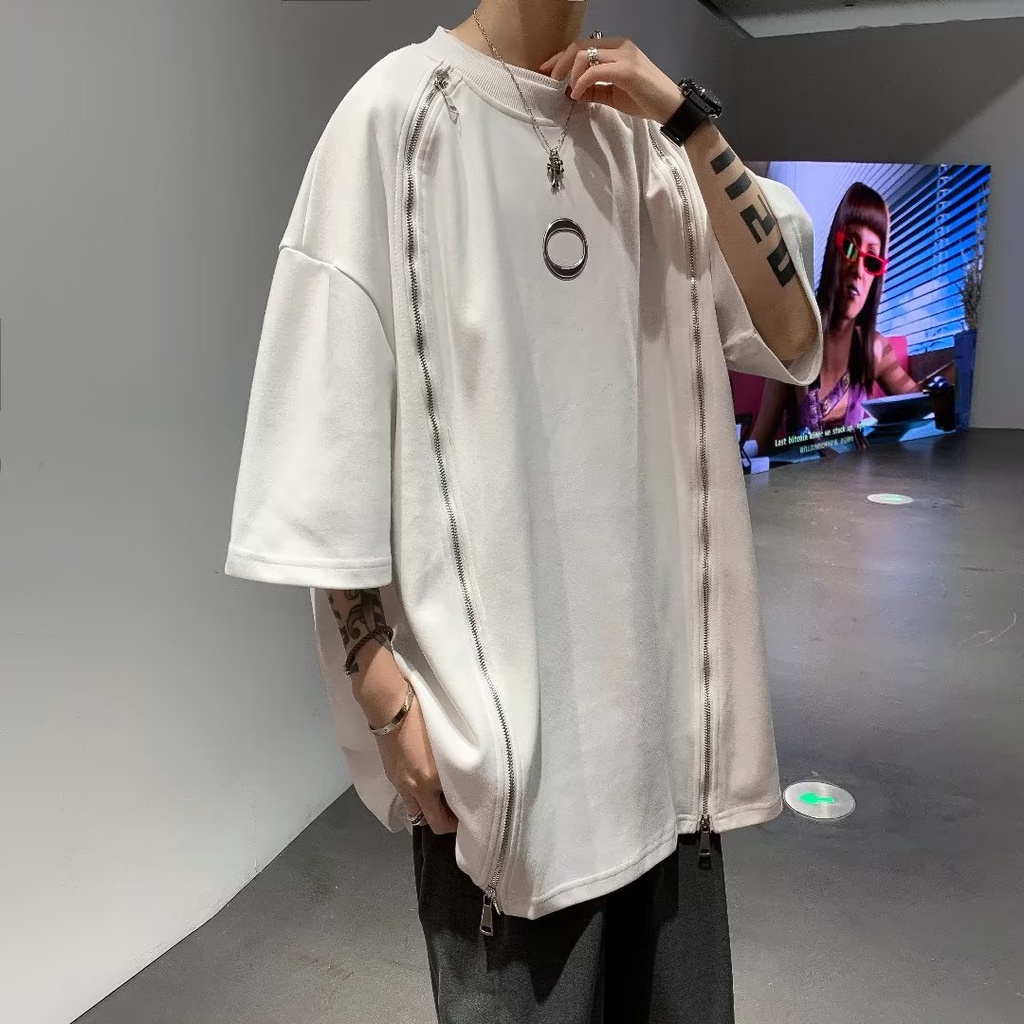 Áo Thun Tay Ngắn Phối Khóa Kéo Đôi Phong Cách Thời Trang Unisex