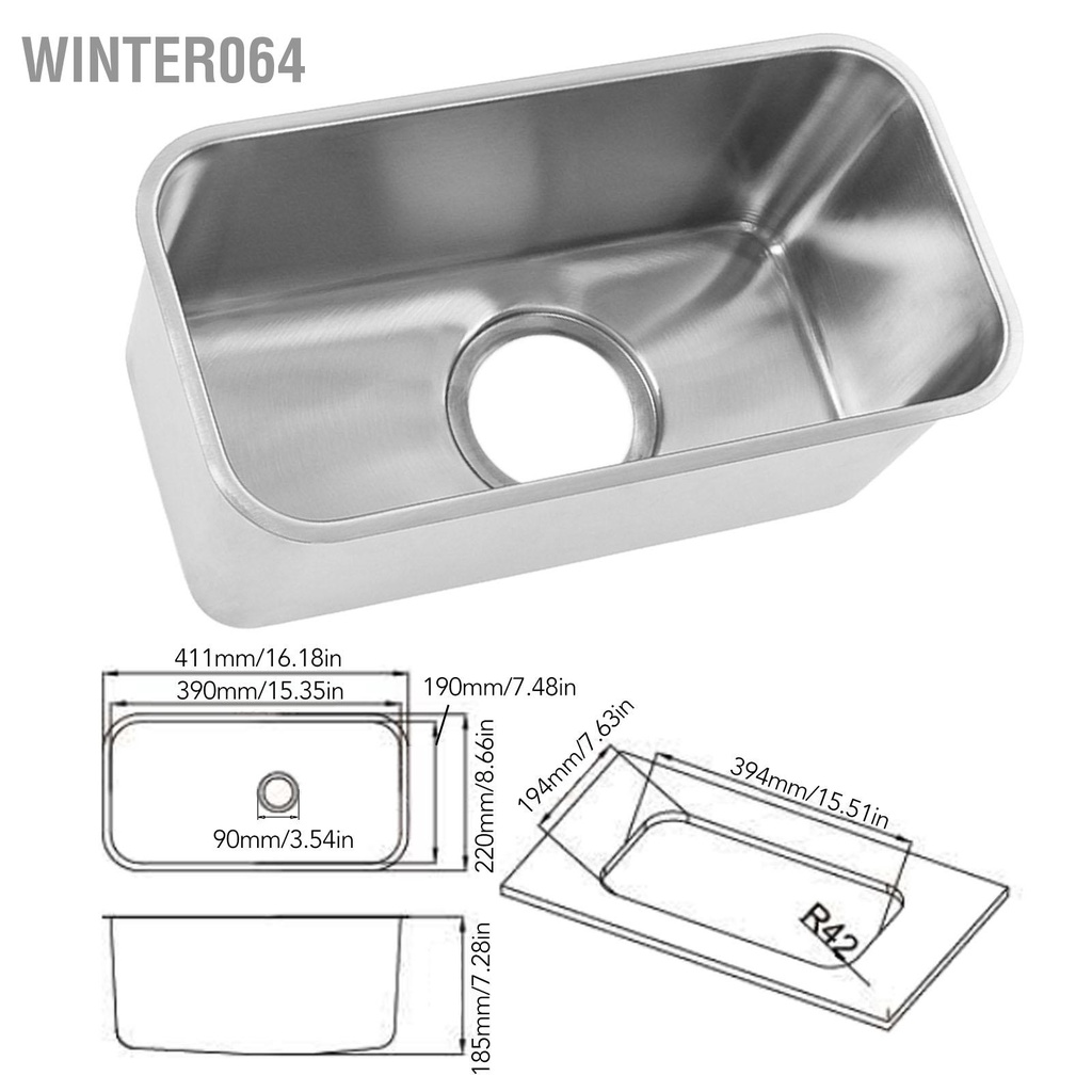 Winter064 Bồn Rửa RV Vuông 390X190X185Mm Thép Không Gỉ 304 Công Suất Lớn Xả Gắn Người Cắm Trại Có Cống 90Mm Cho Van Du Thuyền