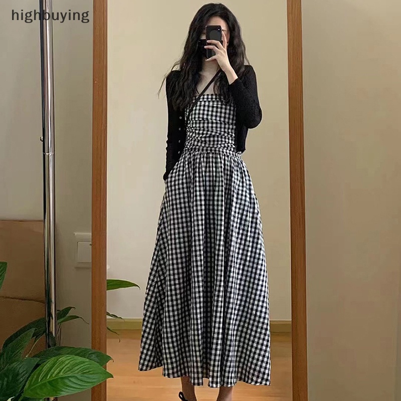 Đầm Dài Dáng Chữ A Họa Tiết Sọc Caro Màu Sắc Tương Phản Phong Cách Cổ Điển Thời Trang 2023 Cho Nữ