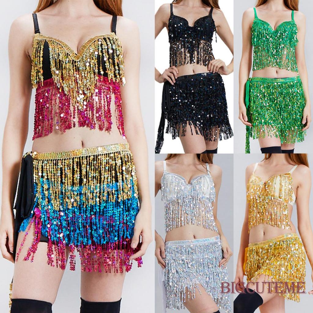 Bộ Trang Phục Múa Bụng Phối Tua Rua Đính Kim Sa Lấp Lánh Cho Nữ