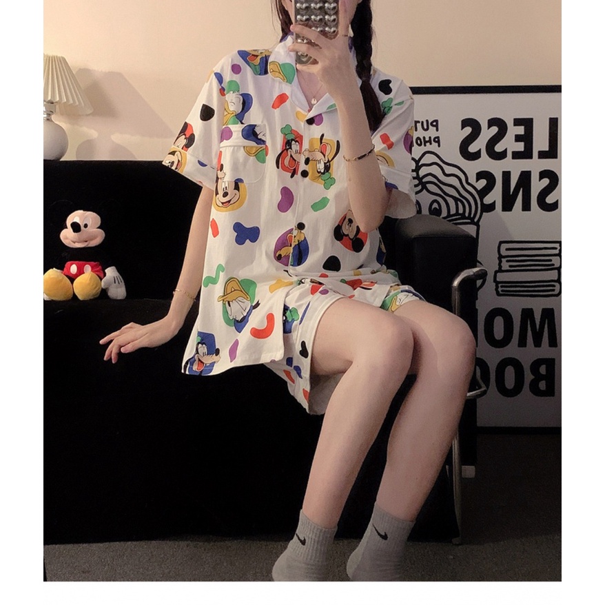 Bộ Đồ Ngủ Tay Ngắn Dáng Rộng In Họa Tiết Hoạt Hình Mickey Dễ Thương Thời Trang Mùa Hè Cho Nữ